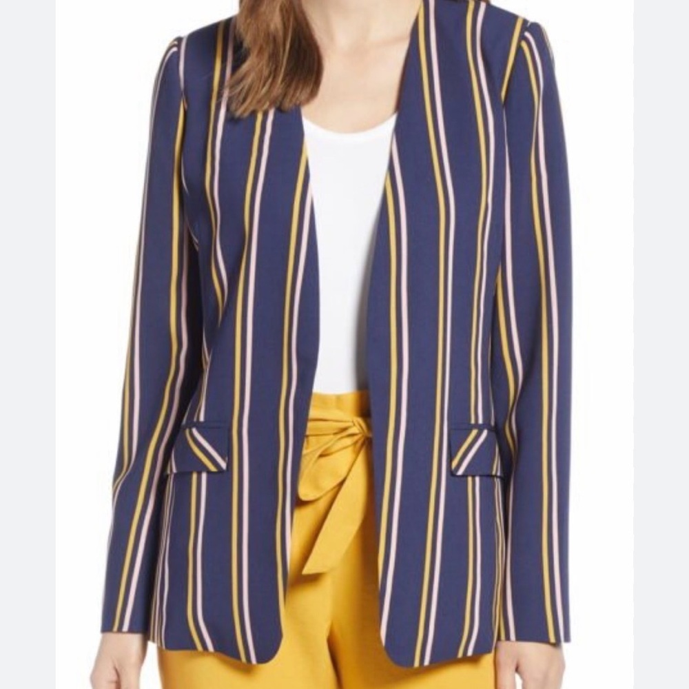 Halogen Navy Striped Open-Front Blazer with Yellow & Cream Stripes